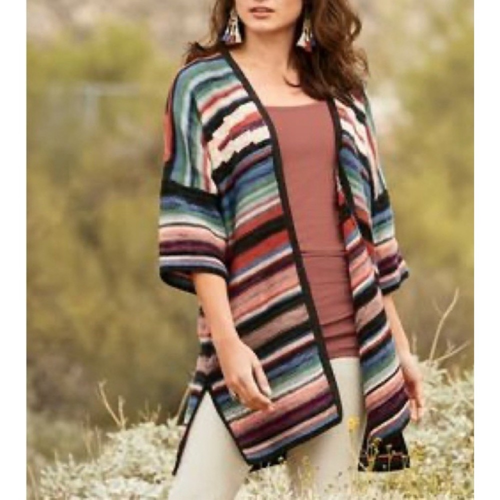 Peruvian Connection Pima Cotton Cardigan SW Striped Knit Kimono Sleeve Boho XS/S